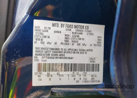 2008 Ford F-250 from USA, damaged, VIN 1FTSW21R18ED61641